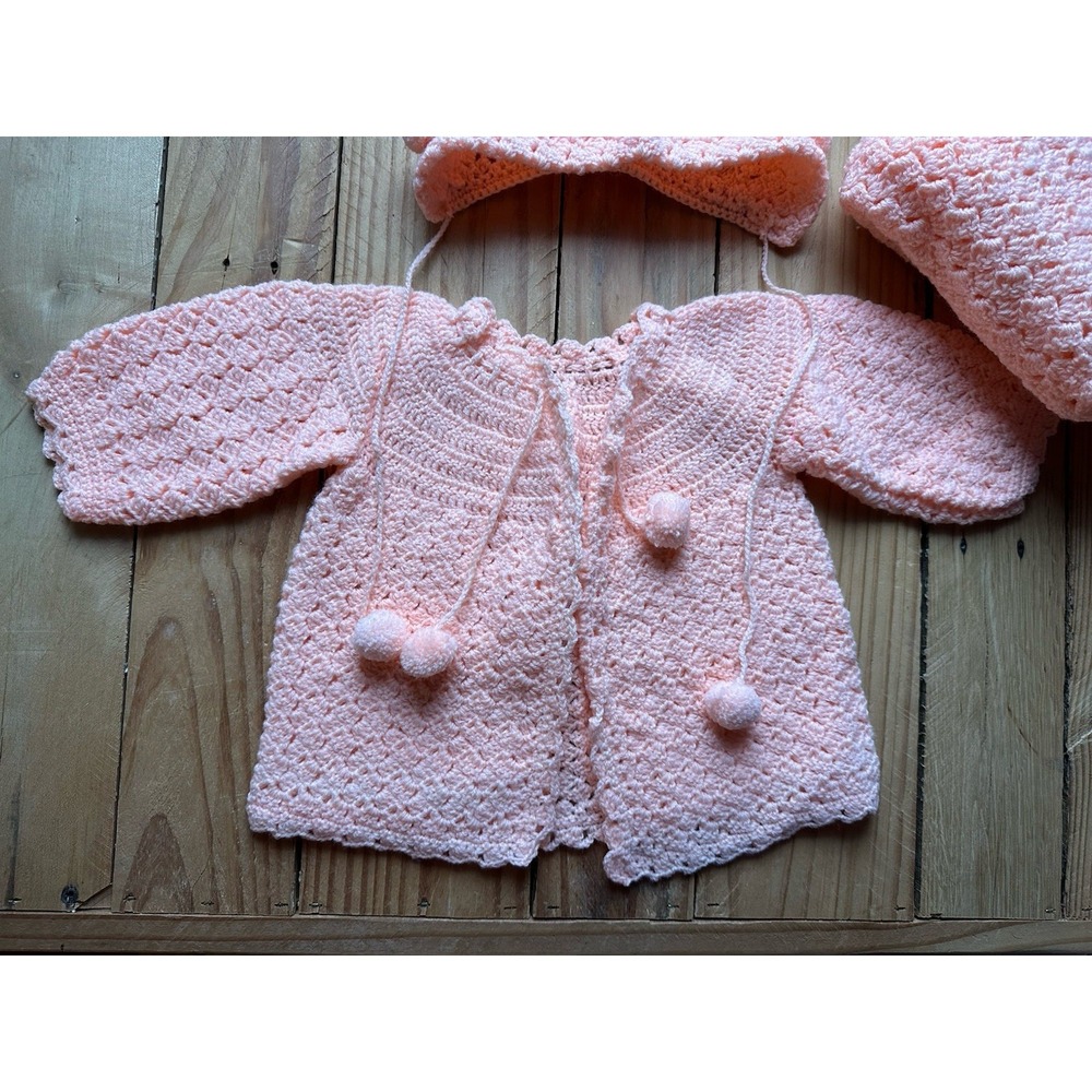 Vintage Baby Pink/Peach Knitted / Crocheted Sweater Hat And Blanket Set - Picture 3 of 12